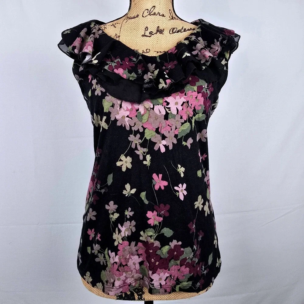 Lauren Ralph Lauren Floral Ruffle‎ V-Neck Sleeveless Top Black Purple Cotton L